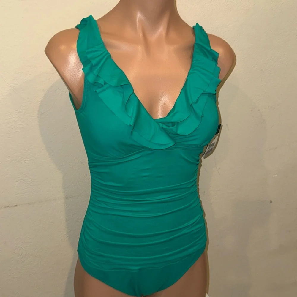 NWT Ralph Lauren one piece swimsuit ruffle underwire size 4 Emerald
